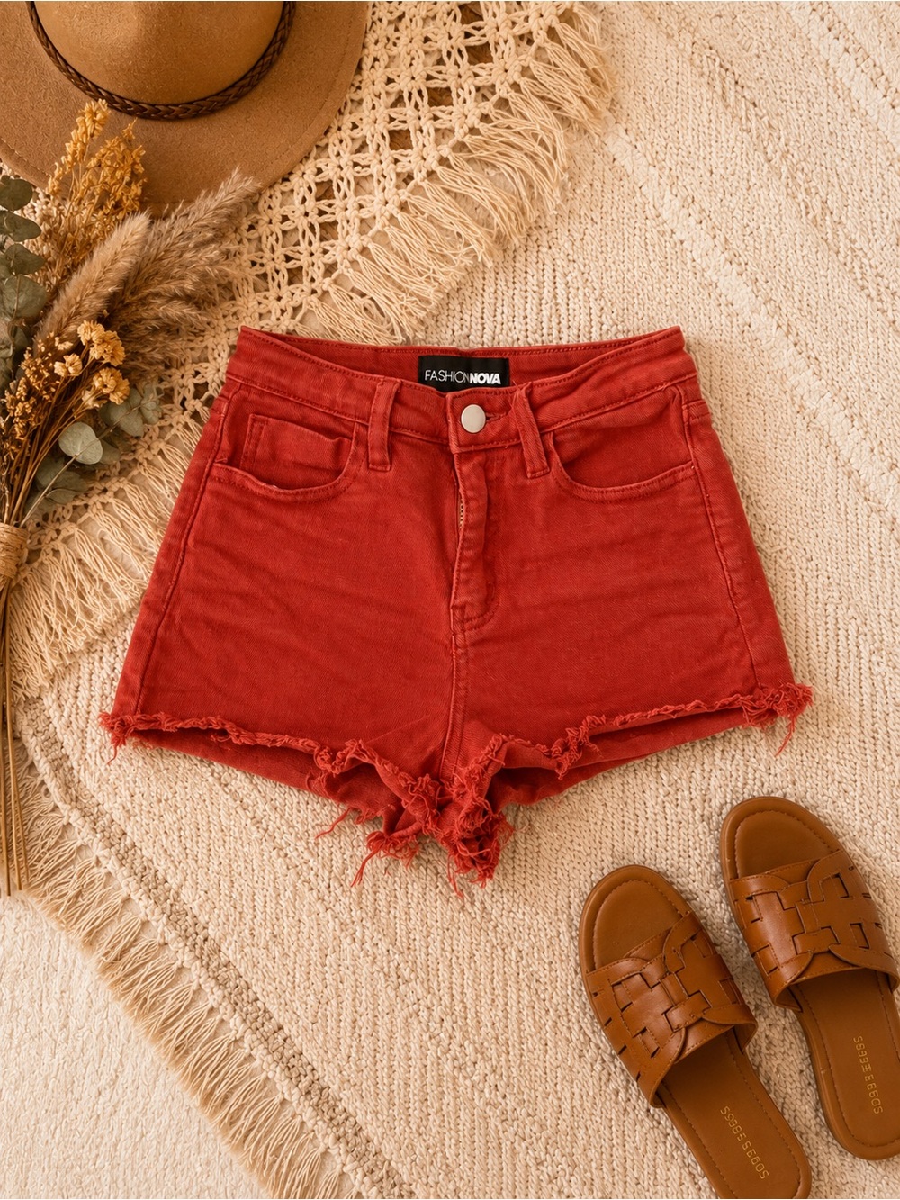 Fashion Nova Rust Orange High-Waist Frayed Denim Shorts